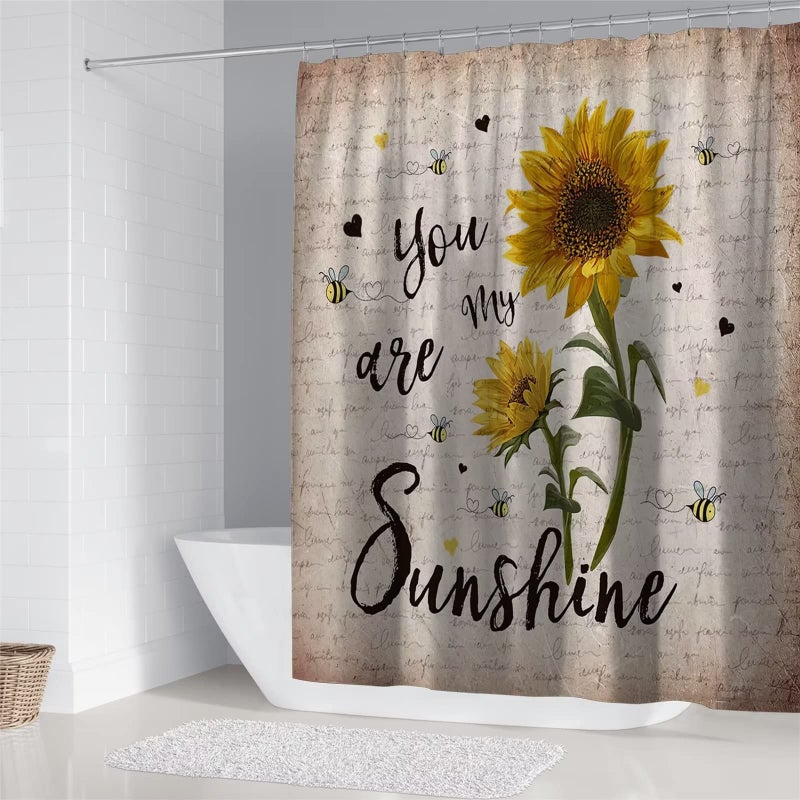AZHM 4 قطع مجموعة ستائر الدش عباد الشمس مع السجاد أنت My Sunshine مجموعة ديكور الحمام ستائر الحمام مجموعة الدش مع 12 خطافًا - Image 2